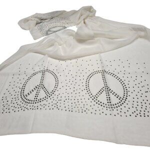 Peace Sign Motif White Scarf Metal Studded Scarf Long Wide Thin Rectangular- NEW